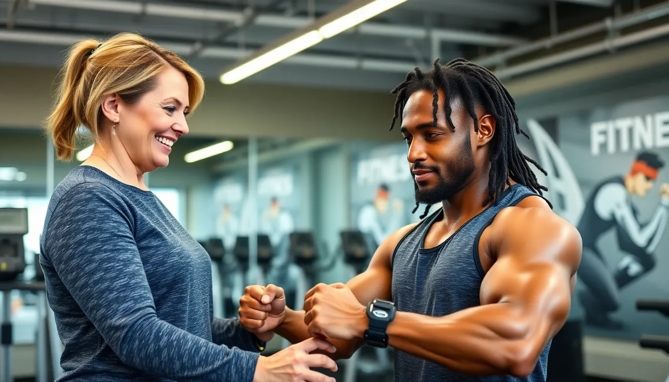personal trainer assisting a client in a modern gym.