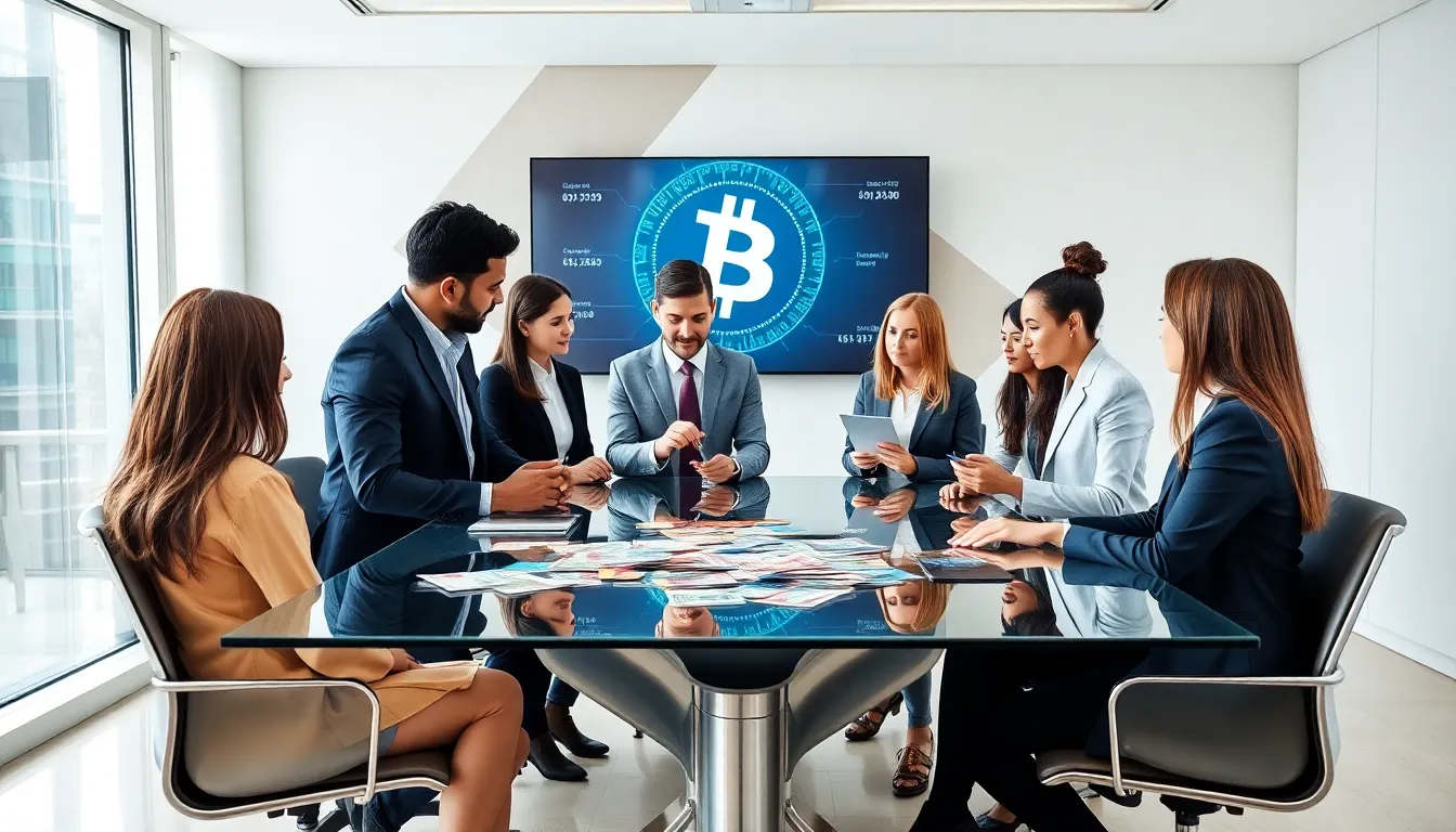 business team discussing the functions of money in a modern office.