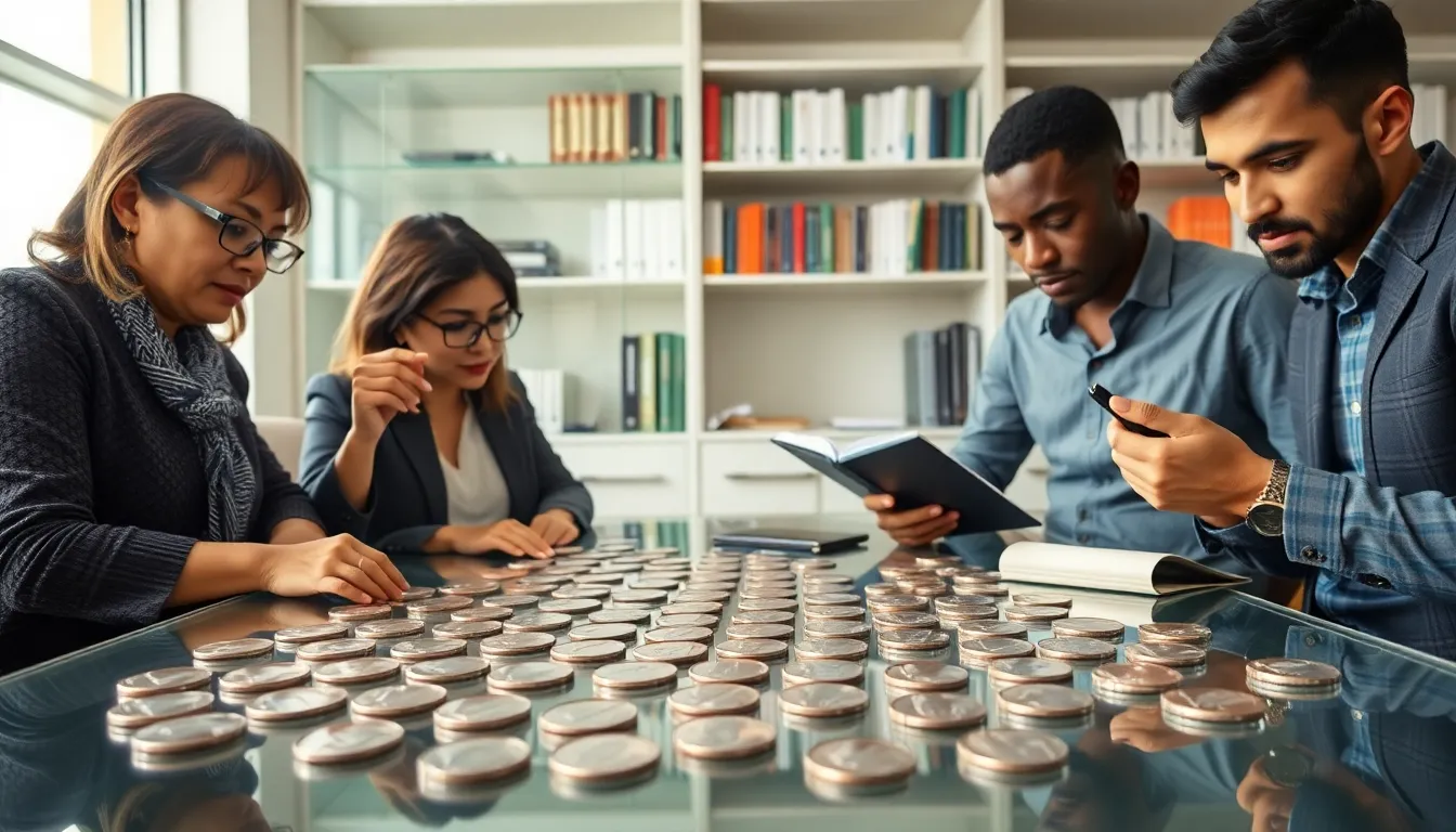 diverse collectors examining valuable modern quarters in an office.