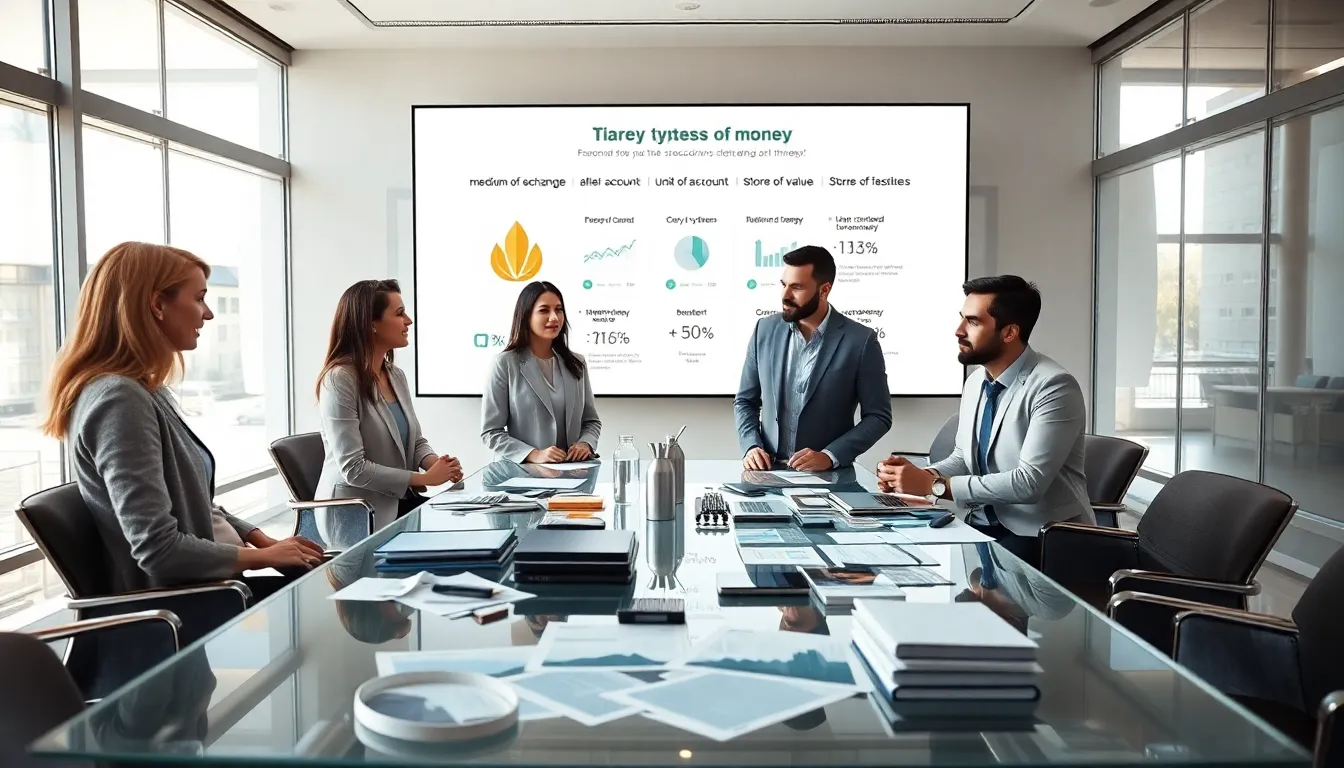 diverse professionals discussing types of money in a modern office.