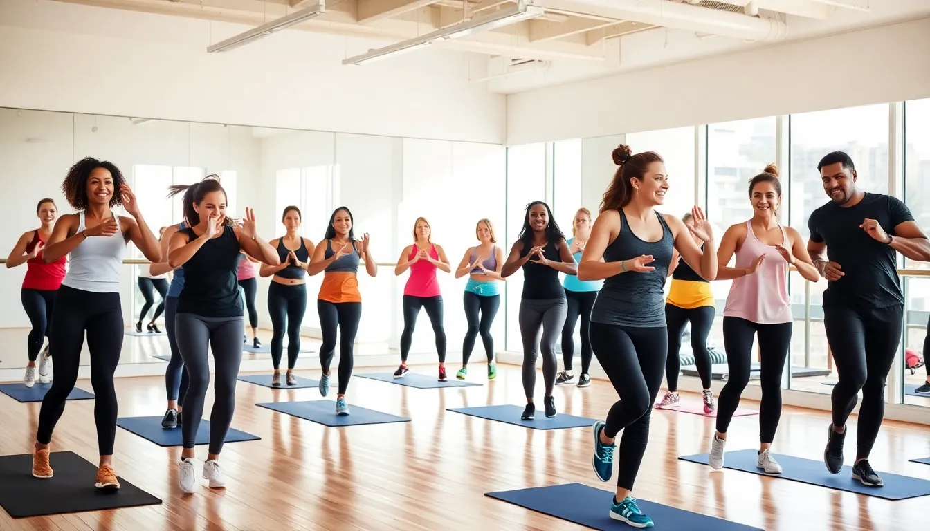 Diverse fitness instructors leading an energetic group workout class.