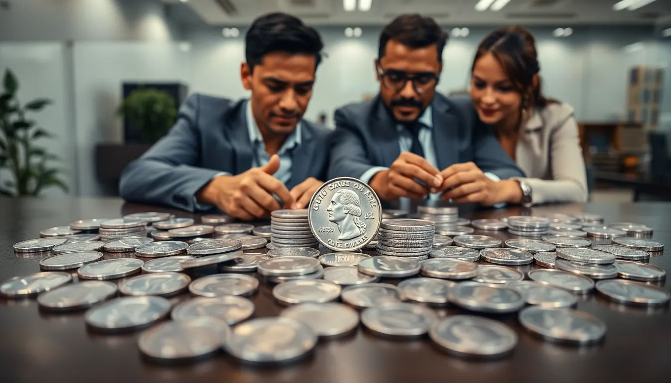 diverse professionals examining modern U.S. quarters in a contemporary office.