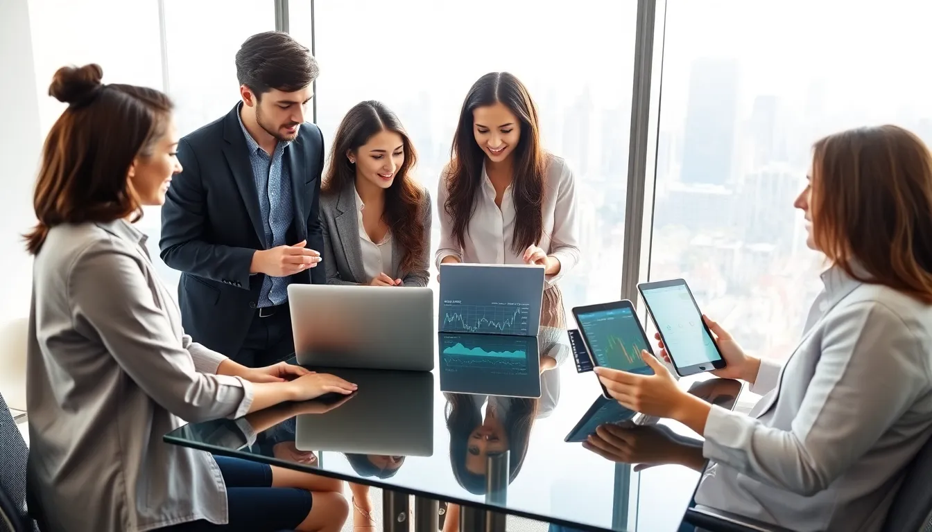 diverse millennials discussing finance in a modern office.