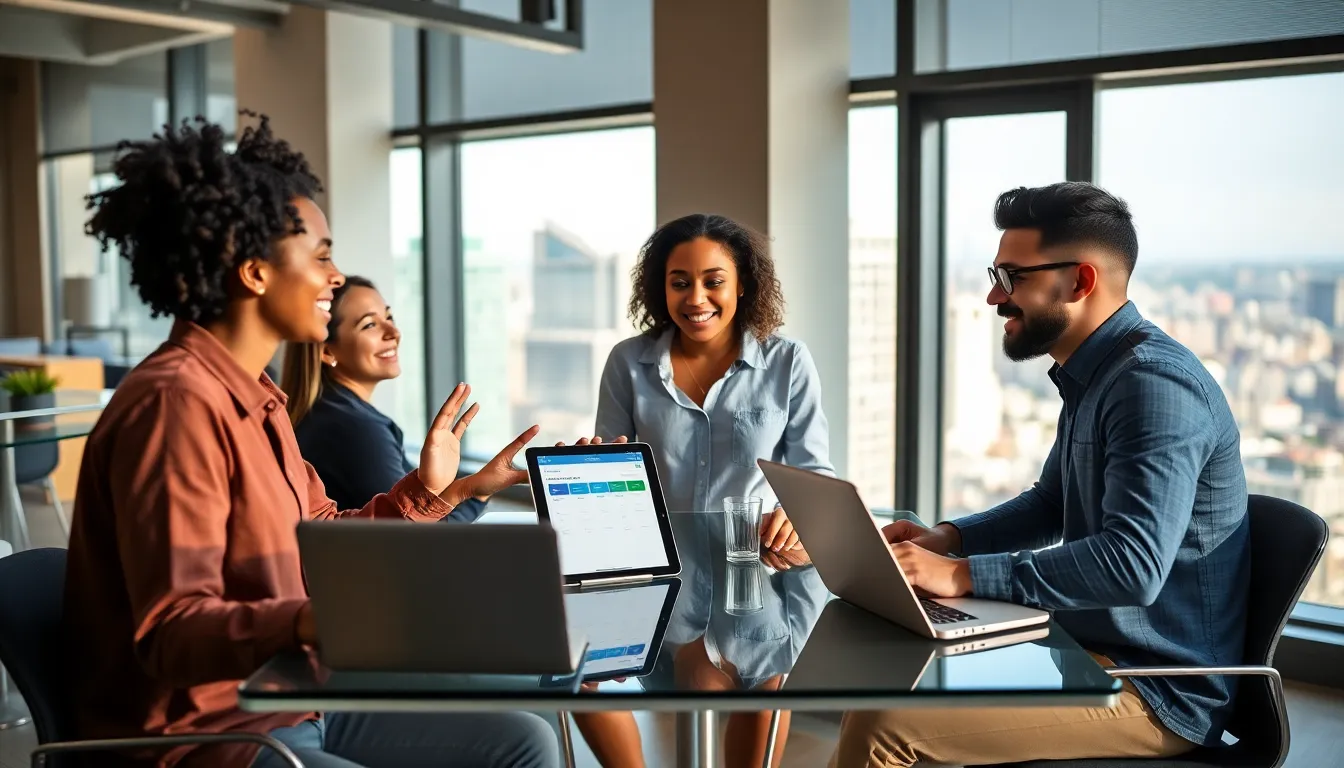 millennials discussing financial planning in a modern office.