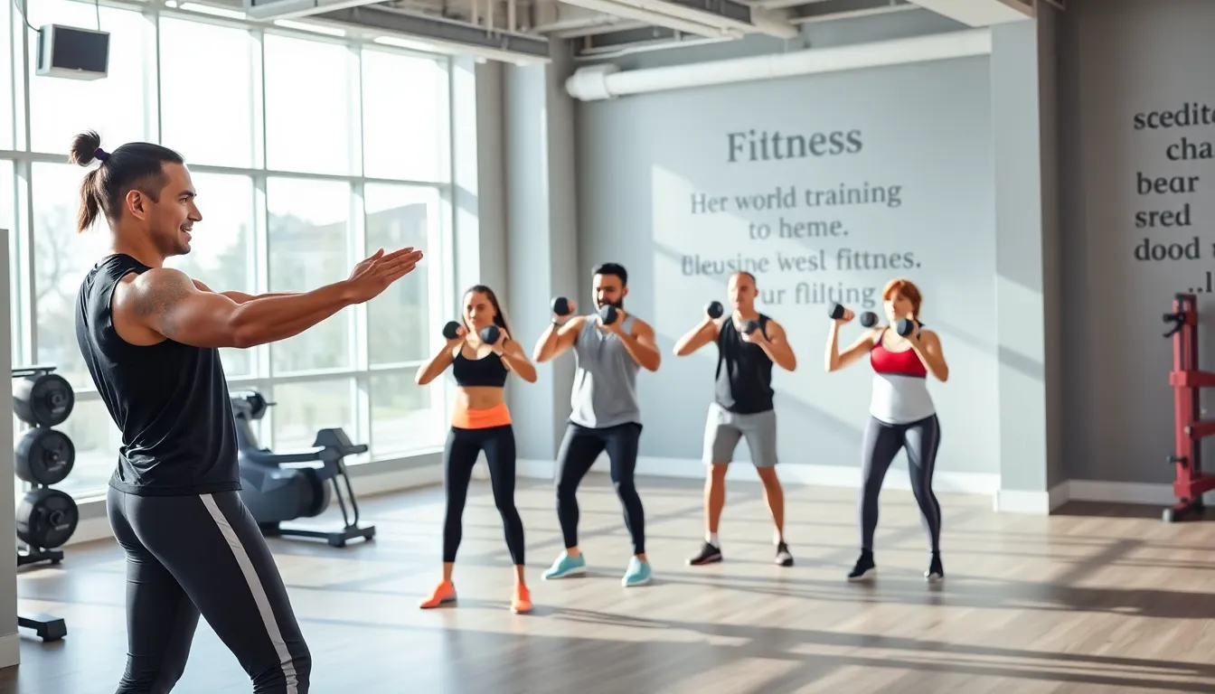 personal trainer working with a client in a bright fitness studio.