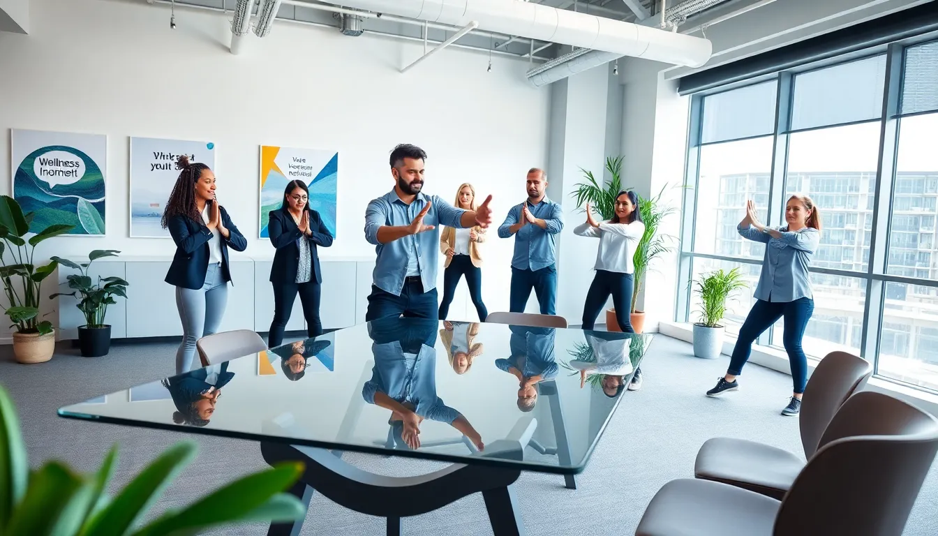 employees participating in a corporate fitness training session in a modern office.