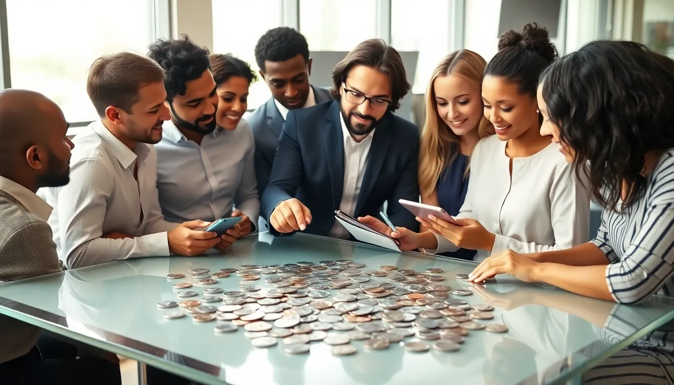 diverse collectors discussing valuable dimes at a modern office table.