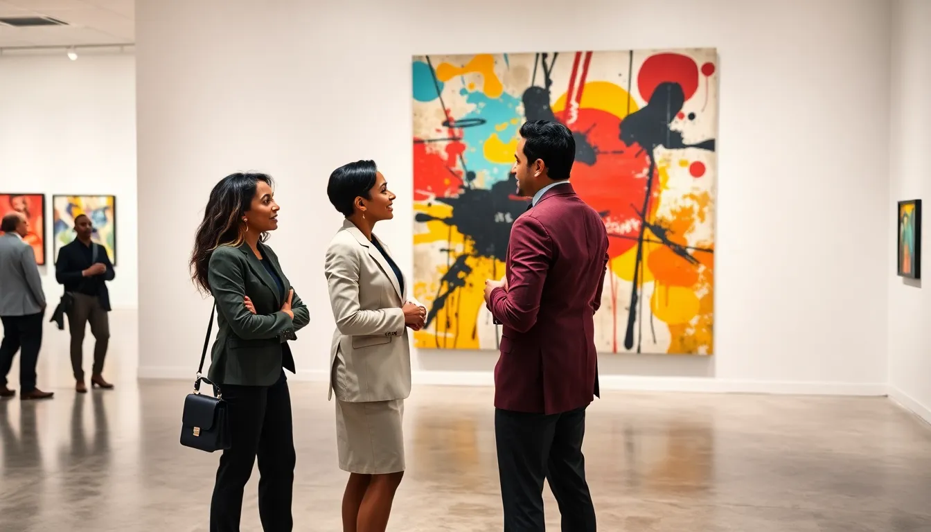 professionals discussing modern art in a contemporary gallery setting.