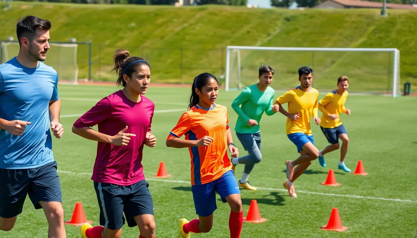 soccer players training together on a field.
