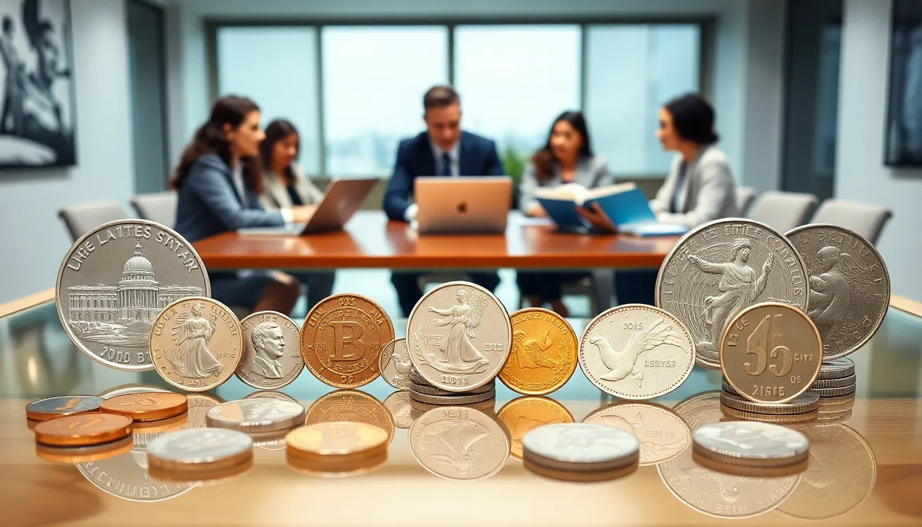 Display of modern U.S. coins with professionals discussing in the background.