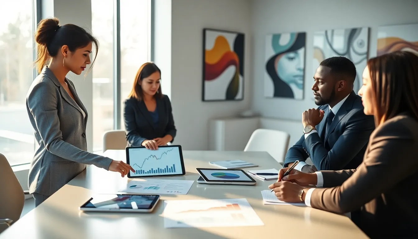 diverse professionals discussing modern money theory in a modern office.